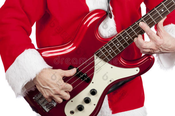 圣诞老人弹一把红色的电低音吉他