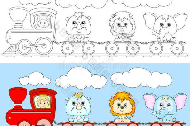有趣的卡通火车与狮子，大象和犀牛。 着色书