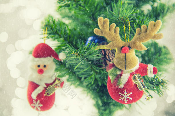 圣诞礼物圣诞老人挂在松树上。 圣诞快乐，新年快乐。