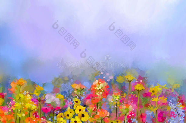 夏春花抽象艺术油画。 草地，风景与野花