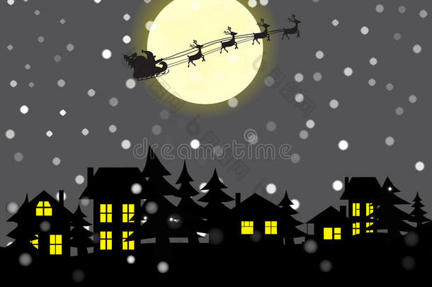 月亮背景下的圣诞村和圣诞老人。