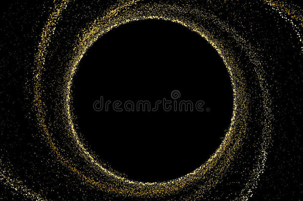 黑色背景上的金色纹理。 金色星尘的圆形螺旋星系。