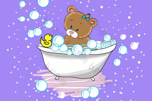 可爱的小熊在浴缸里游泳