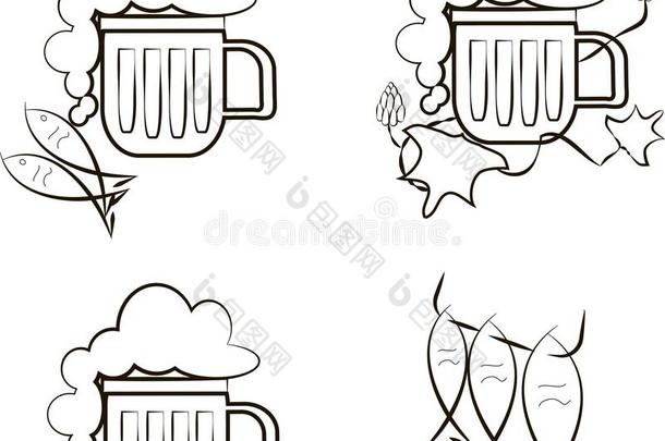 啤酒图标。 一杯带泡沫的啤酒，鱼，啤酒花的树枝