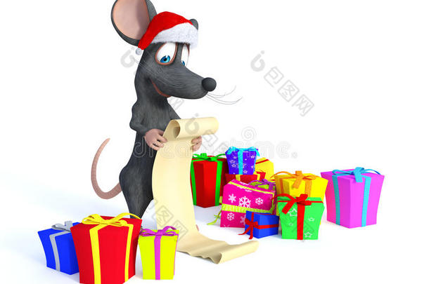 卡通老鼠戴着圣诞帽，读着长长的圣诞<strong>愿望清单</strong>。