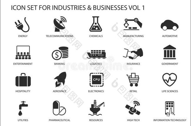 金融服务业、汽车、生命科学等各行各业/商业部门的商业图标和符号