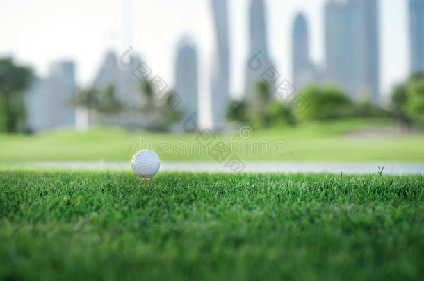 打<strong>高尔夫</strong>球的日子。 <strong>高尔夫</strong>球是在发球台上的<strong>高尔夫</strong>球，在<strong>高尔夫</strong>球场的绿色草地上，在城市的背景下