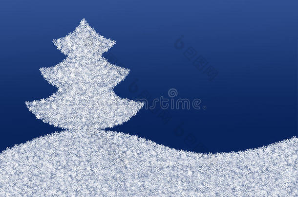 蓝色背景和一棵由雪花制成的圣诞树