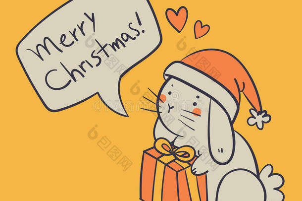 手绘兔子拿着礼物，祝圣诞快乐