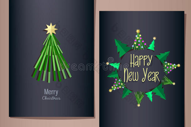 圣诞和新年贺卡套装，插图，深蓝色背景。