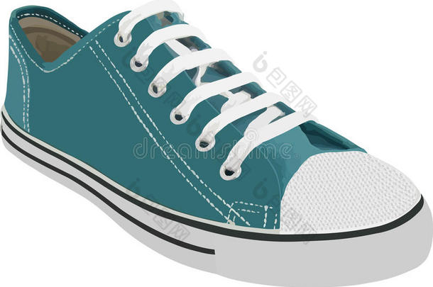 蓝色运动运动鞋，白色鞋带隔离在白色背景上。 矢量插图