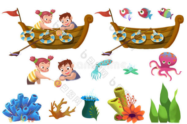 儿童插图元素集：海洋生活元素。 船，兄妹，鱼，珊瑚。
