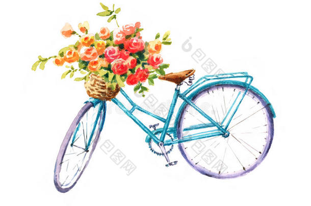蓝色老式<strong>自行车</strong>与花篮水彩夏季花园插图<strong>手绘</strong>