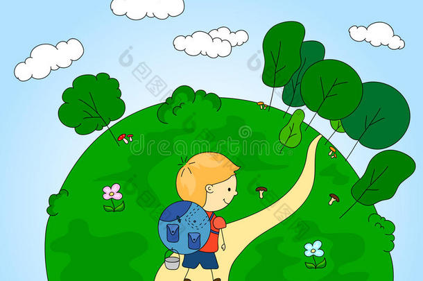 一个背着背包在<strong>树林</strong>里露营的<strong>男孩</strong>。 野生动物，树木，灌木，蘑菇和草药景观