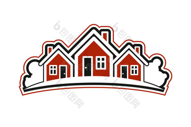 五颜六色的度假屋矢量插图，家庭形象与地平线。 旅游和房地产创意标志，别墅f