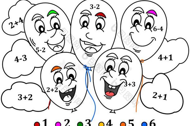五颜六色的空气球和云作为小孩子的计数-着色书
