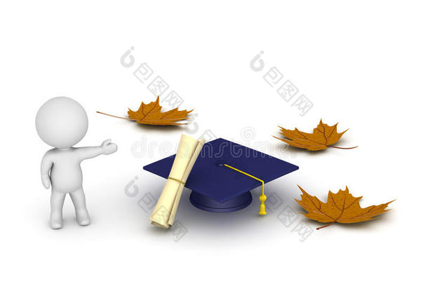 显示<strong>毕业</strong>帽文凭和秋叶的3D字符