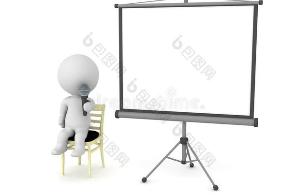 三维角色坐在椅子上，带麦克风和投影仪屏幕