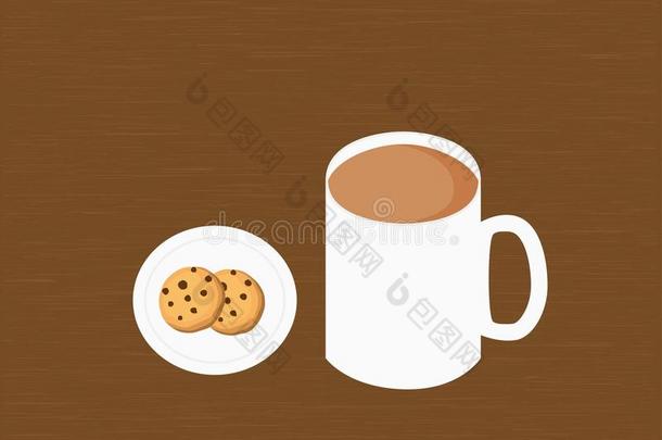 一杯奶茶和饼干与木材纹理背景