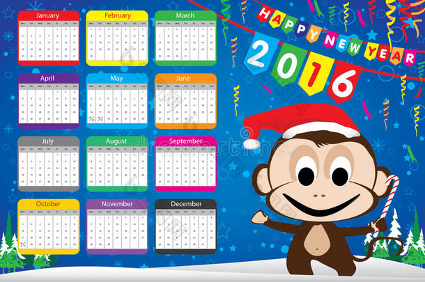 日历快乐的新年2016年党卡和猴子的蓝色背景。