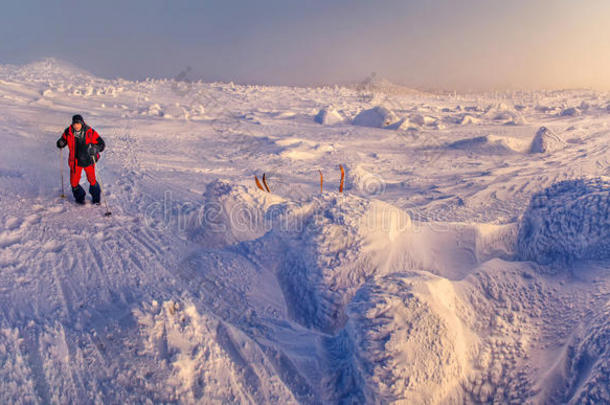 在白雪覆盖的高原上，极端的游客徒步旅行