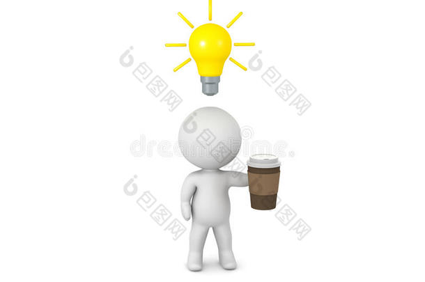 三维角色与一杯咖啡和灯泡的想法