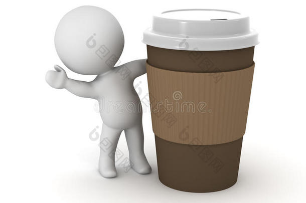 三维角色从咖啡杯后面挥手