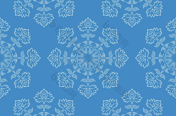 幻想手绘民族风格白色花卉雪花无缝图案在蓝色，矢量插图
