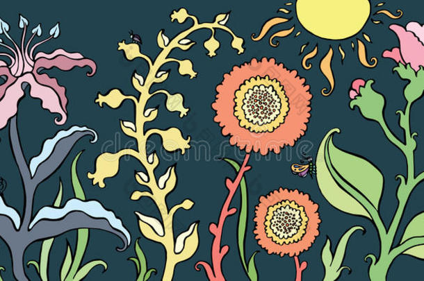 深蓝色背景矢量插图上背景矢量插图。 盛开的花朵和抽象植物的幻想领域