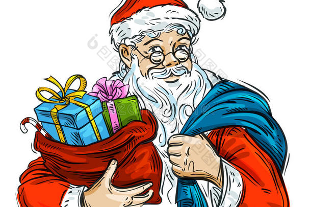 圣诞节。快乐的圣诞老人和装满礼物的袋子