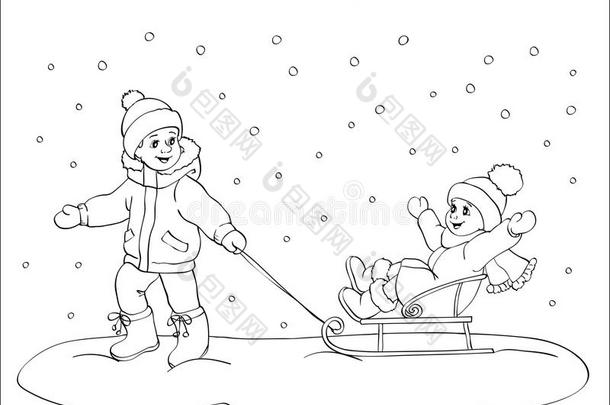 着色书或页面。 两个孩子-男孩和女孩在雪橇上。