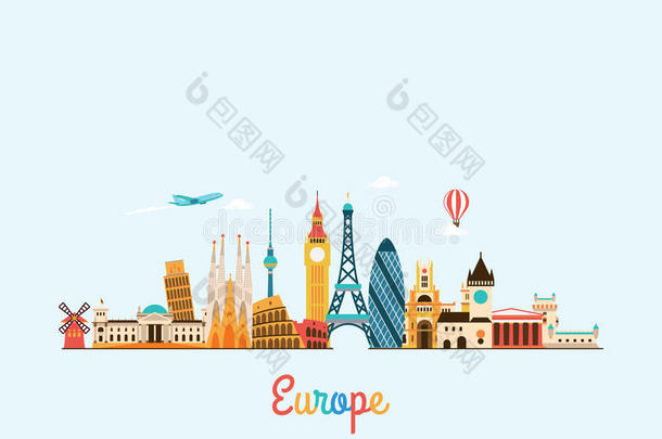 欧洲天际线。 旅游和旅游背景。