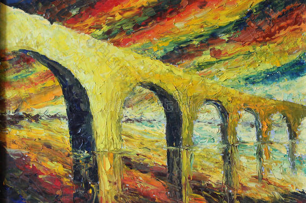 日落时的抽象桥，水中的倒影，油画