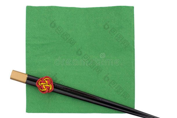 筷子在绿色餐巾上，<strong>伺服</strong>器，隔离在白色上。