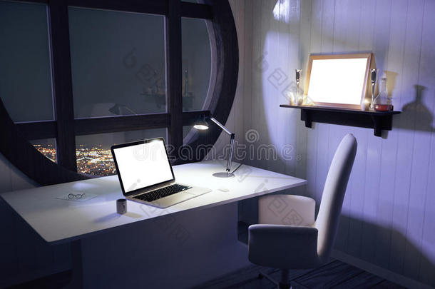 白色<strong>桌子</strong>上的空白白色笔记本电脑屏幕，带有椅子和<strong>圆形</strong>wi