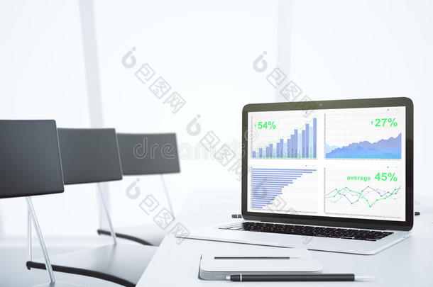 现代轻型会议室笔记本电脑屏幕上的业务图表