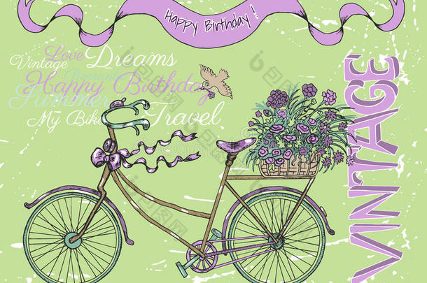用自行车和鲜花手绘插图