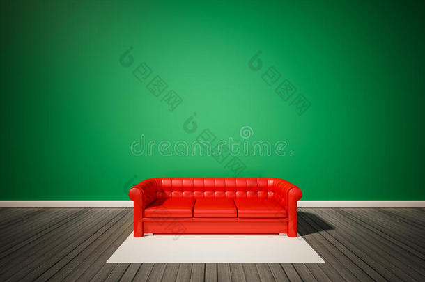 绿色墙壁和深色木地板，红色沙发和白色地毯，3D渲染