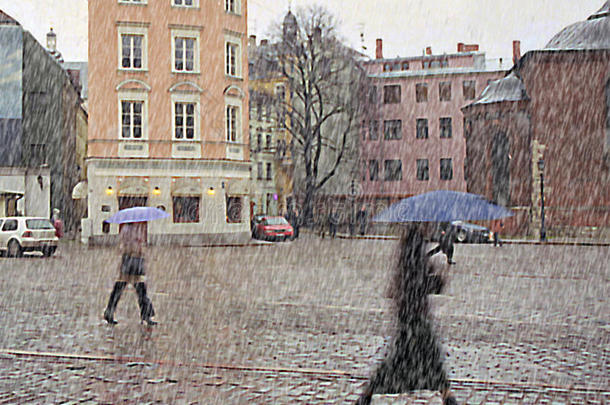 坏天气。 深秋的城市<strong>雨夹雪</strong>。
