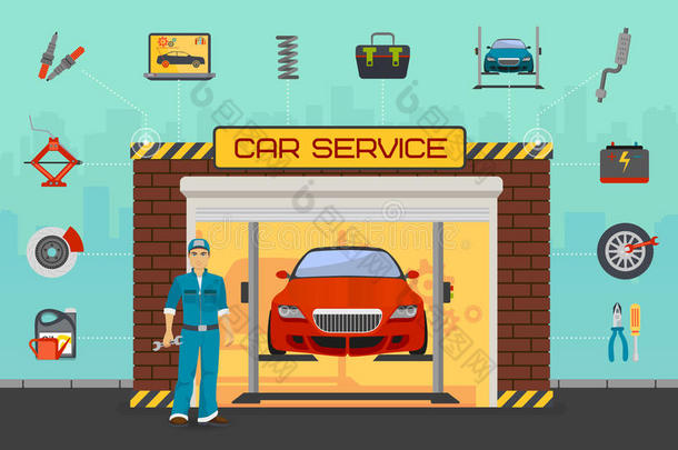 汽车维修服务中心的概念与调谐诊断扁平元素和工人。
