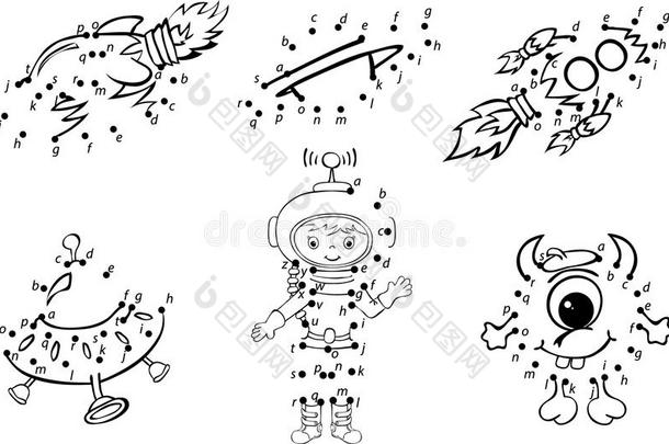 卡通宇航员，外星人，火箭和行星。 矢量插图。 着色和点对点游戏的孩子