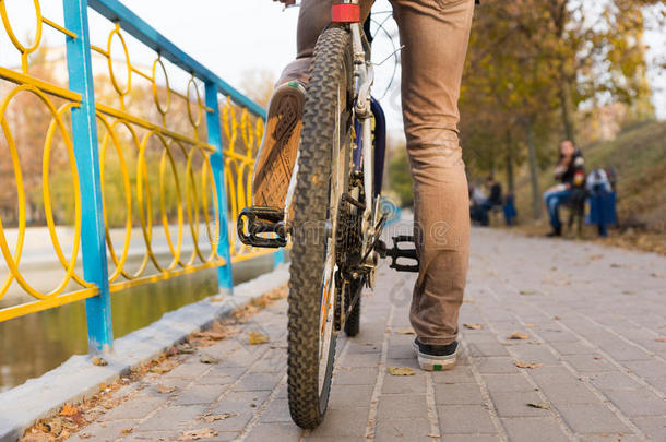 年轻人在城市公园骑自行车的背影