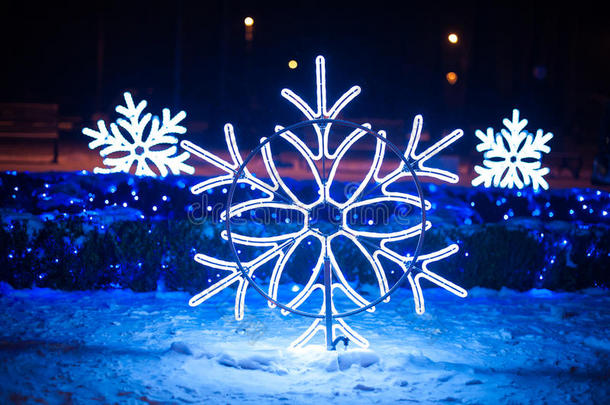 圣诞<strong>灯饰</strong>以雪花的形式出现在夜间公园