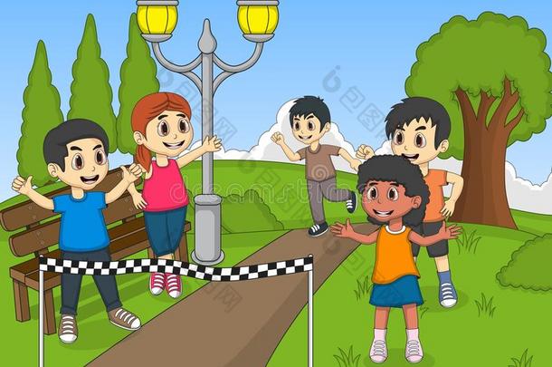 儿童在公园奔跑卡通矢量图