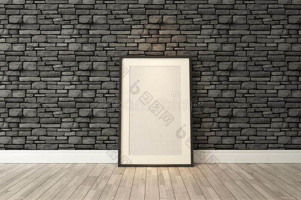 黑色画框装饰与黑色自然砖墙，背景，模板设计三维渲染