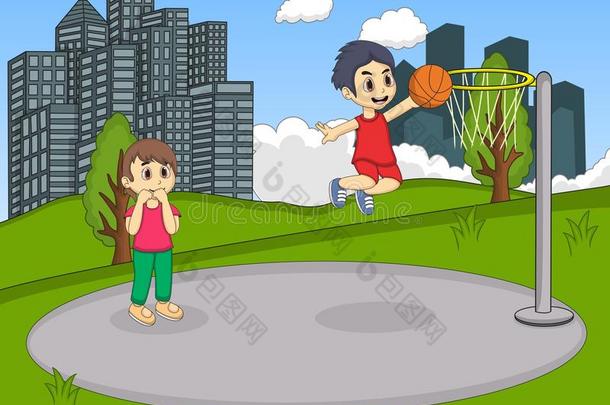 孩子们在公园的卡通里打篮球
