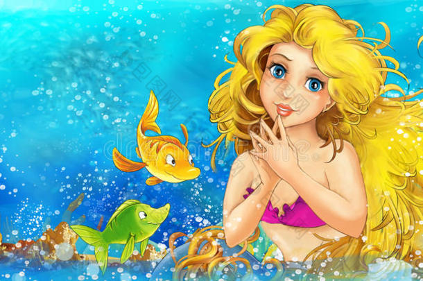 自然水下王国的卡通幻想场景-美丽的漫画女孩