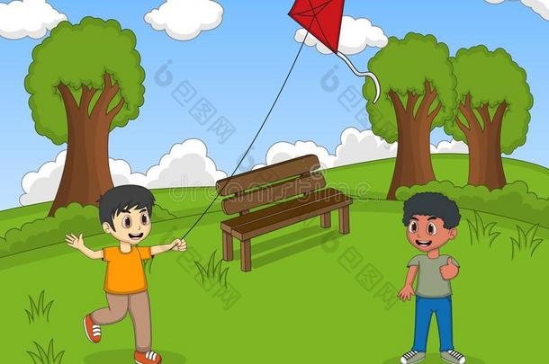 孩子们在公园的卡通里放风筝