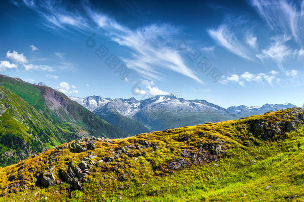 绿色的瑞士山丘在深蓝色的狡猾下