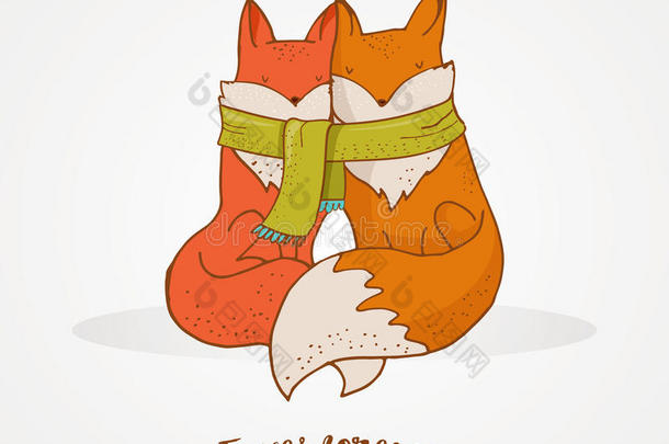 狐狸，可爱，可爱的插图和问候卡，情人节